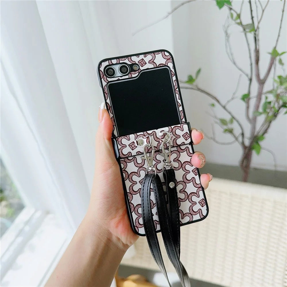For Samsung Galaxy Z Flip7 FE 5G / Z Flip6 5G Case Floral Pattern PU Leather Coated PC Phone Cover with Crossbody Strap - Khaki - 1
