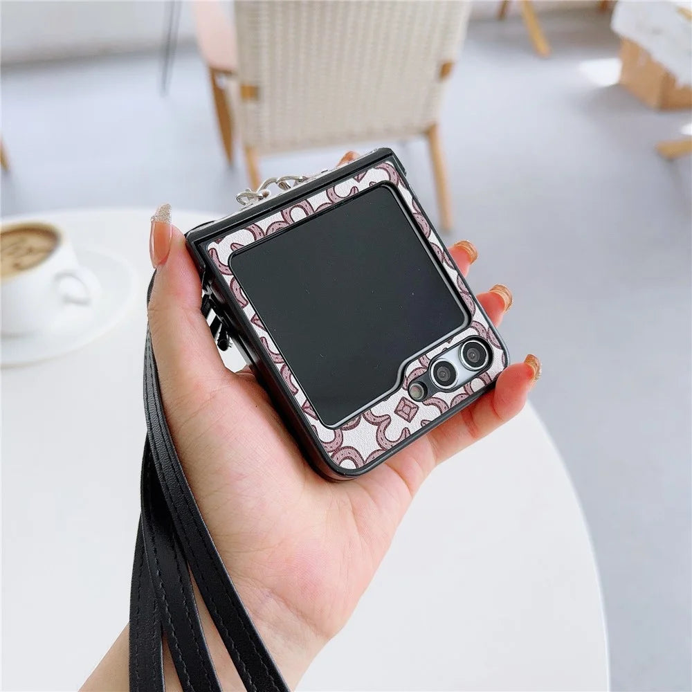For Samsung Galaxy Z Flip7 FE 5G / Z Flip6 5G Case Floral Pattern PU Leather Coated PC Phone Cover with Crossbody Strap - Khaki - 2