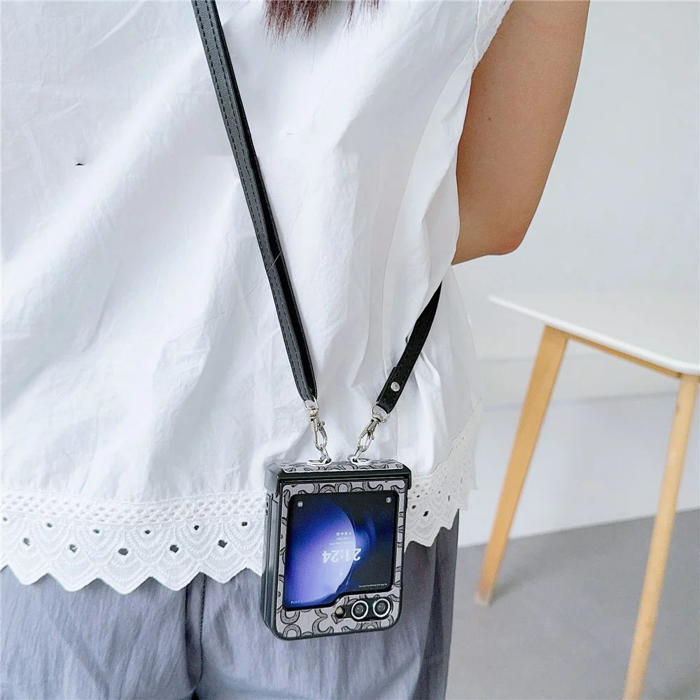 For Samsung Galaxy Z Flip7 FE 5G / Z Flip6 5G Case Floral Pattern PU Leather Coated PC Phone Cover with Crossbody Strap - Khaki - 3