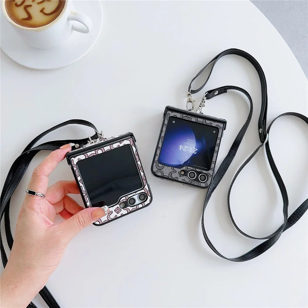 For Samsung Galaxy Z Flip7 FE 5G / Z Flip6 5G Case Floral Pattern PU Leather Coated PC Phone Cover with Crossbody Strap - Khaki - 4