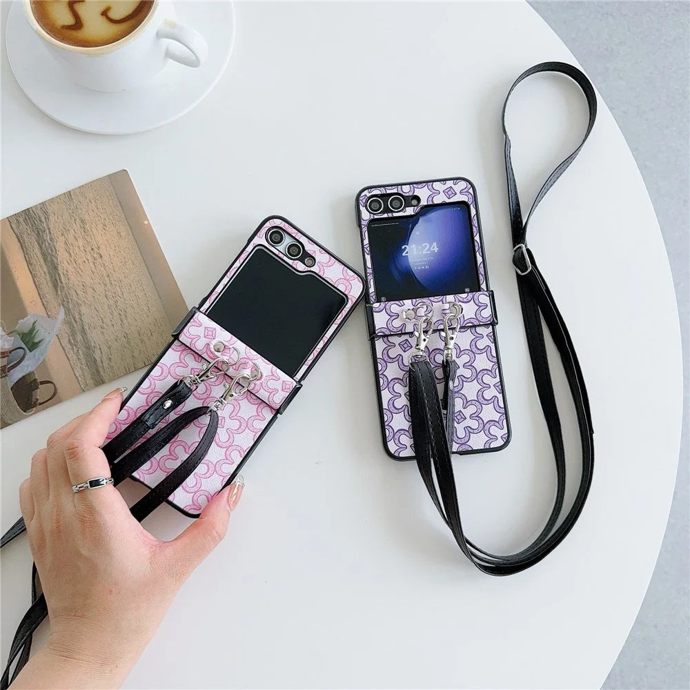 For Samsung Galaxy Z Flip7 FE 5G / Z Flip6 5G Case Floral Pattern PU Leather Coated PC Phone Cover with Crossbody Strap - Khaki - 5