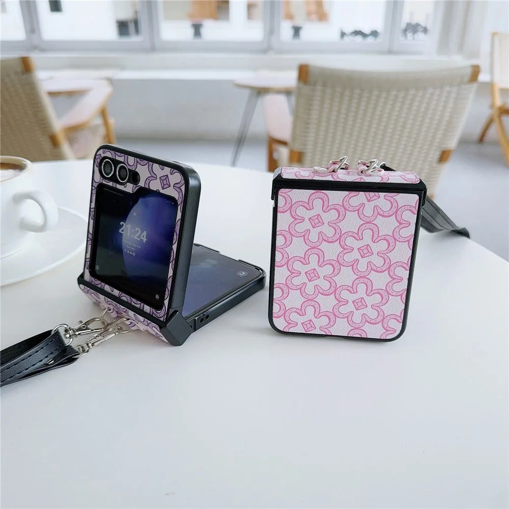 For Samsung Galaxy Z Flip7 FE 5G / Z Flip6 5G Case Floral Pattern PU Leather Coated PC Phone Cover with Crossbody Strap - Khaki - 6