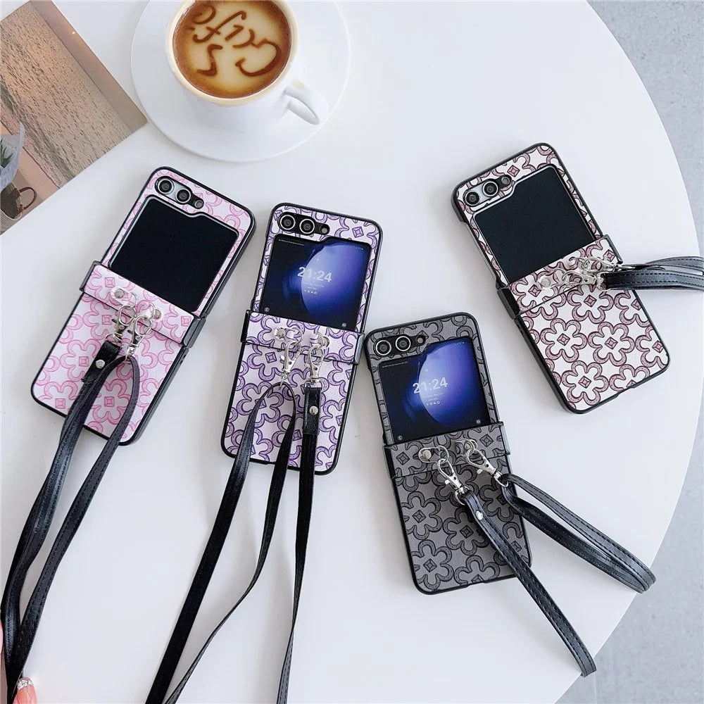 For Samsung Galaxy Z Flip7 FE 5G / Z Flip6 5G Case Floral Pattern PU Leather Coated PC Phone Cover with Crossbody Strap - Khaki - 7