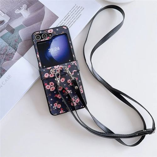 For Samsung Galaxy Z Flip7 FE 5G / Z Flip6 5G Small Flowers Pattern PU Leather Coated PC Phone Cover with Crossbody Strap - Blue - 1