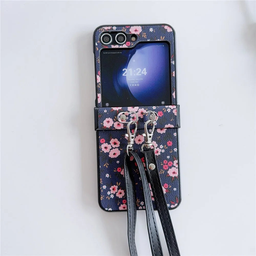 For Samsung Galaxy Z Flip7 FE 5G / Z Flip6 5G Small Flowers Pattern PU Leather Coated PC Phone Cover with Crossbody Strap - Blue - 2