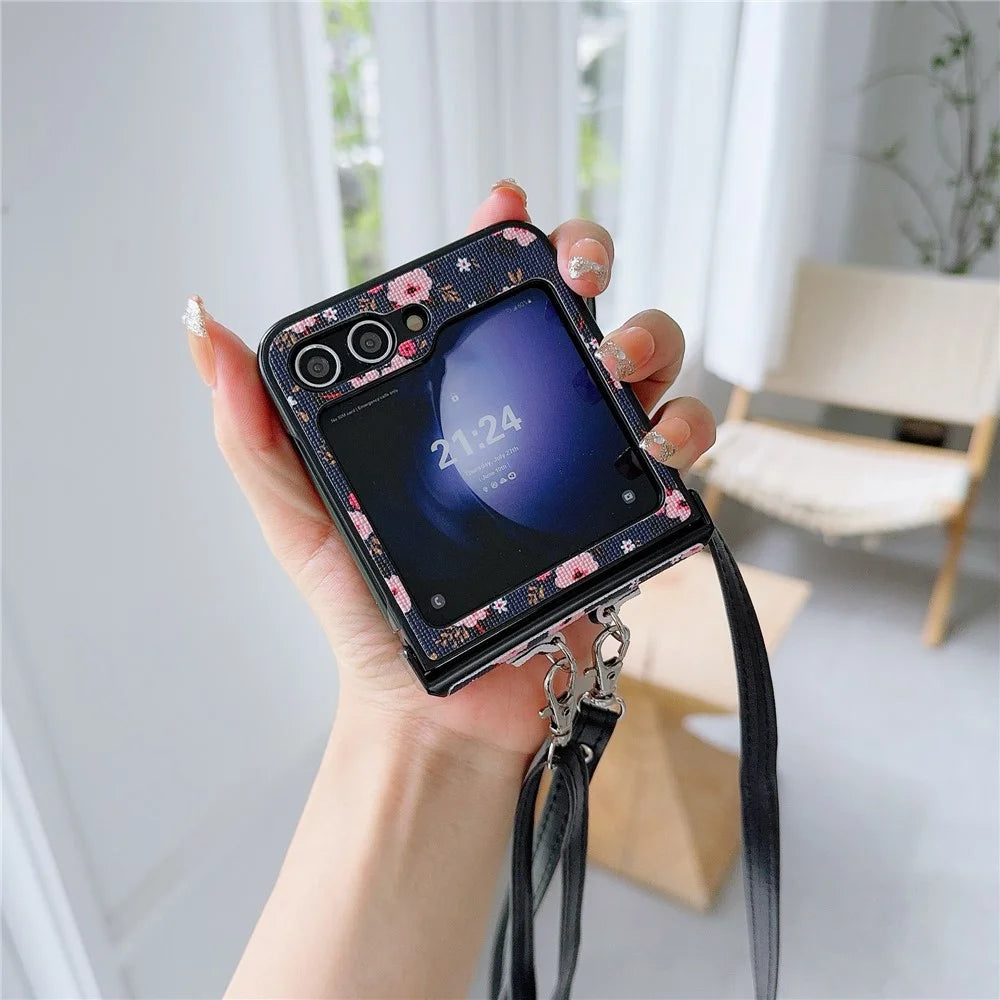 For Samsung Galaxy Z Flip7 FE 5G / Z Flip6 5G Small Flowers Pattern PU Leather Coated PC Phone Cover with Crossbody Strap - Blue - 3