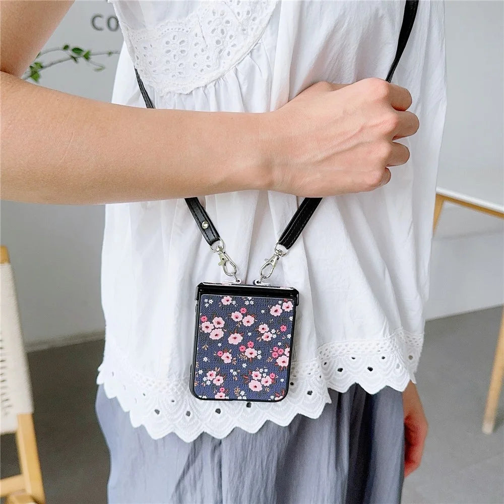 For Samsung Galaxy Z Flip7 FE 5G / Z Flip6 5G Small Flowers Pattern PU Leather Coated PC Phone Cover with Crossbody Strap - Blue - 4