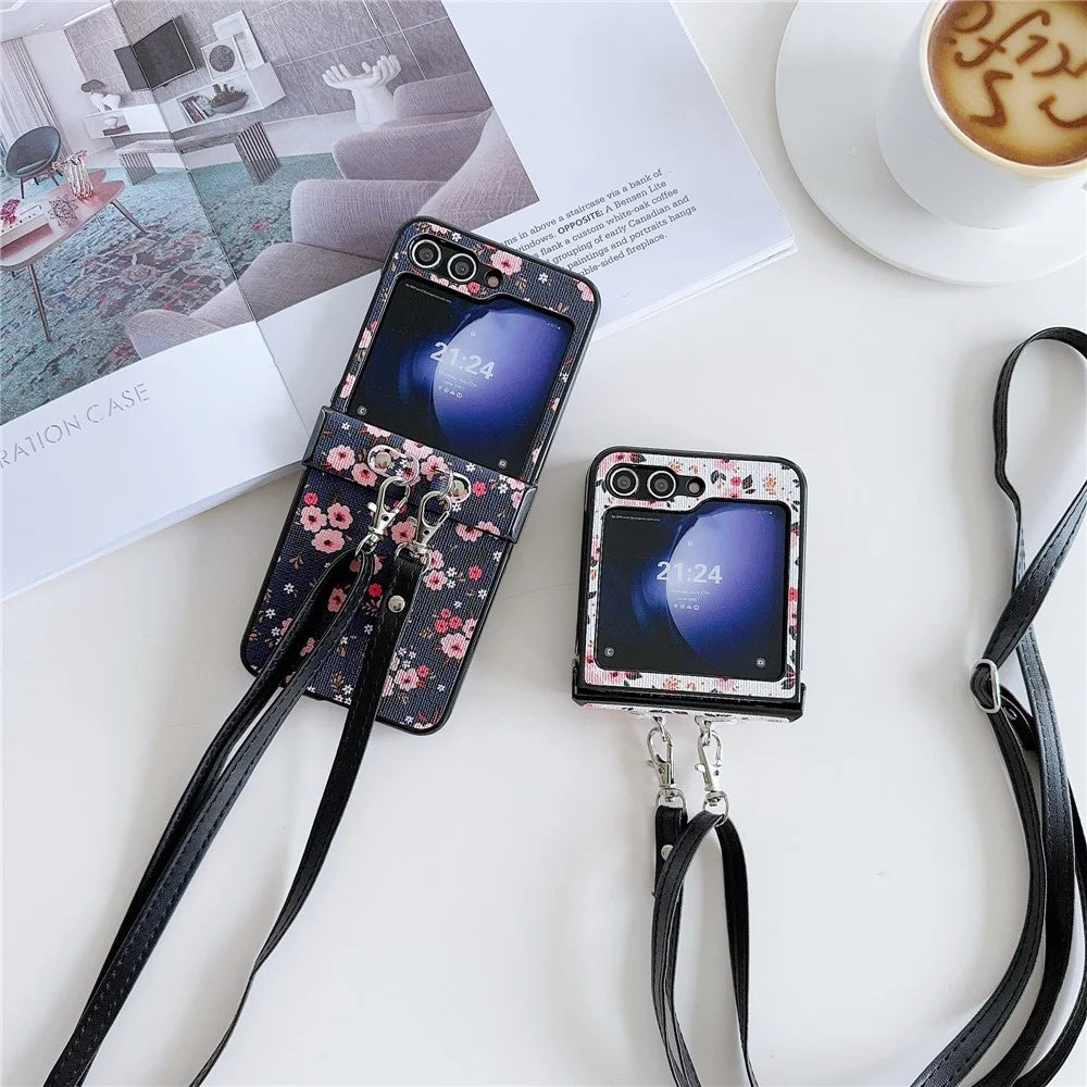 For Samsung Galaxy Z Flip7 FE 5G / Z Flip6 5G Small Flowers Pattern PU Leather Coated PC Phone Cover with Crossbody Strap - Blue - 5