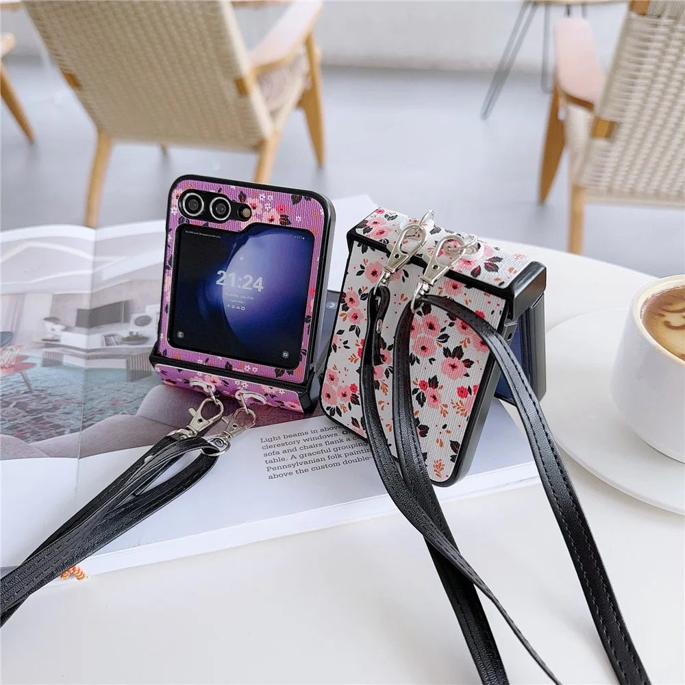 For Samsung Galaxy Z Flip7 FE 5G / Z Flip6 5G Small Flowers Pattern PU Leather Coated PC Phone Cover with Crossbody Strap - Blue - 6