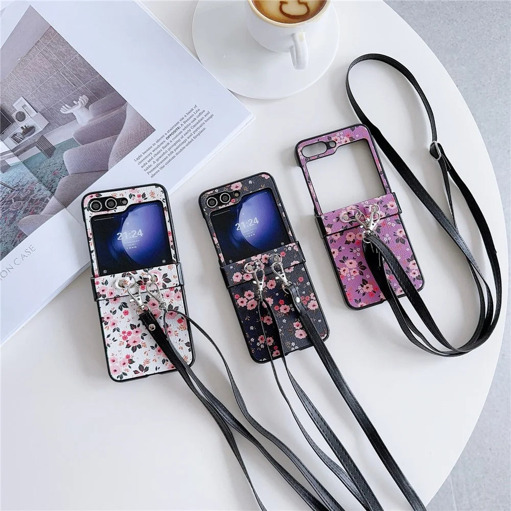 For Samsung Galaxy Z Flip7 FE 5G / Z Flip6 5G Small Flowers Pattern PU Leather Coated PC Phone Cover with Crossbody Strap - Blue - 7