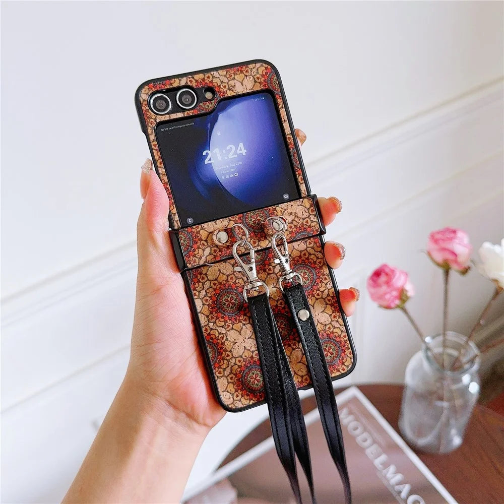For Samsung Galaxy Z Flip7 FE 5G / Z Flip6 5G Floral Pattern PU Leather Coated PC Phone Cover with Crossbody Strap - Ethnic Floral - 1