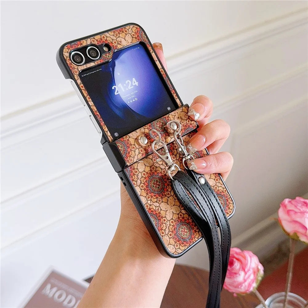 For Samsung Galaxy Z Flip7 FE 5G / Z Flip6 5G Floral Pattern PU Leather Coated PC Phone Cover with Crossbody Strap - Ethnic Floral - 2