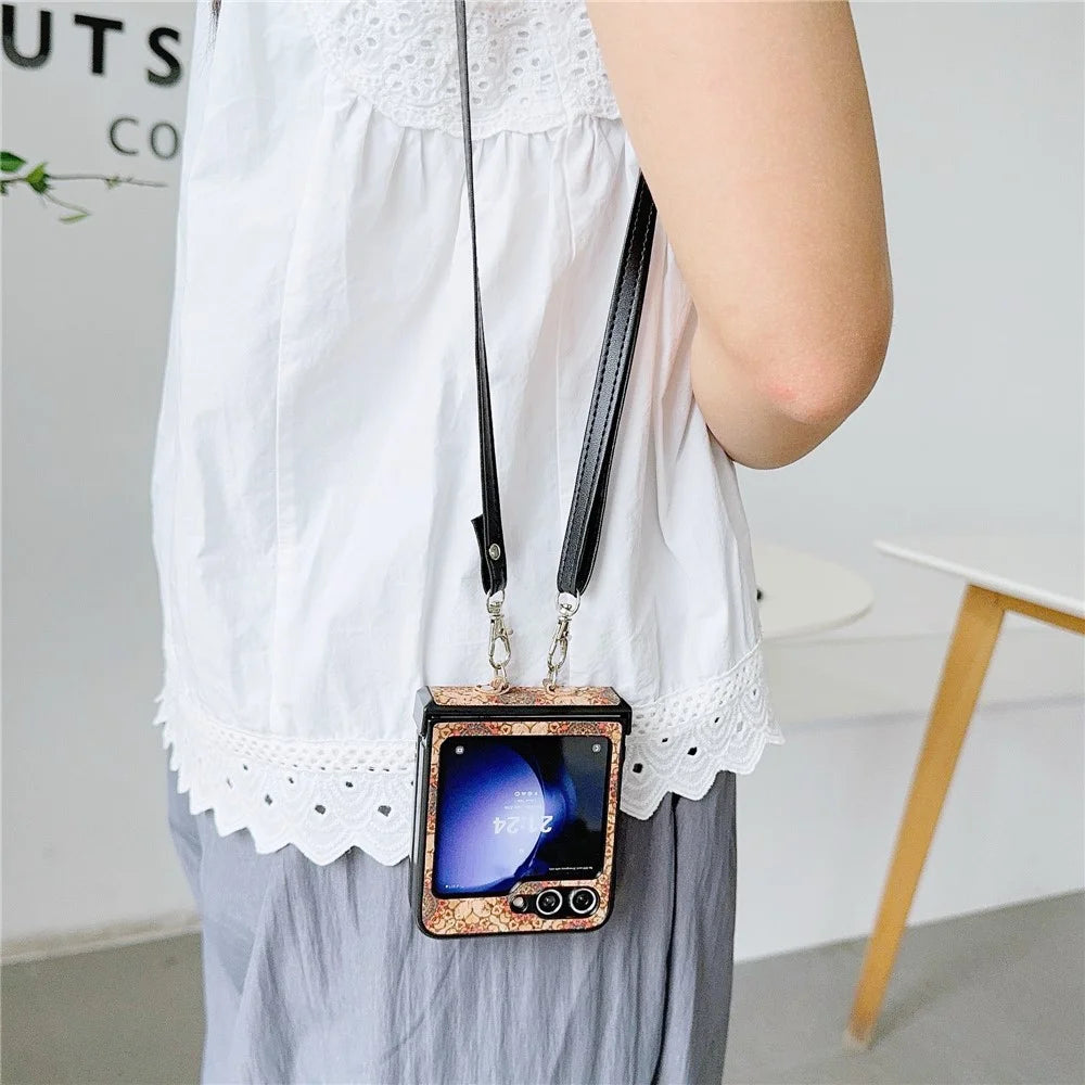 For Samsung Galaxy Z Flip7 FE 5G / Z Flip6 5G Floral Pattern PU Leather Coated PC Phone Cover with Crossbody Strap - Ethnic Floral - 3