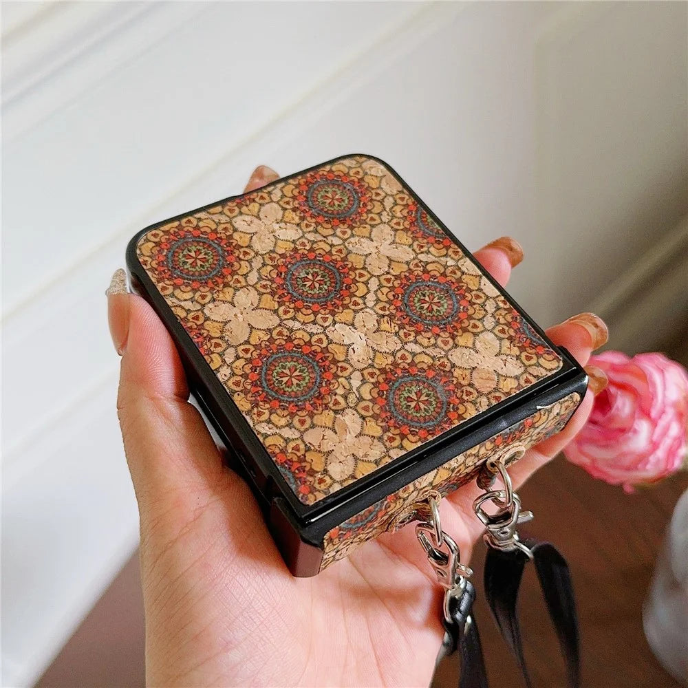 For Samsung Galaxy Z Flip7 FE 5G / Z Flip6 5G Floral Pattern PU Leather Coated PC Phone Cover with Crossbody Strap - Ethnic Floral - 4