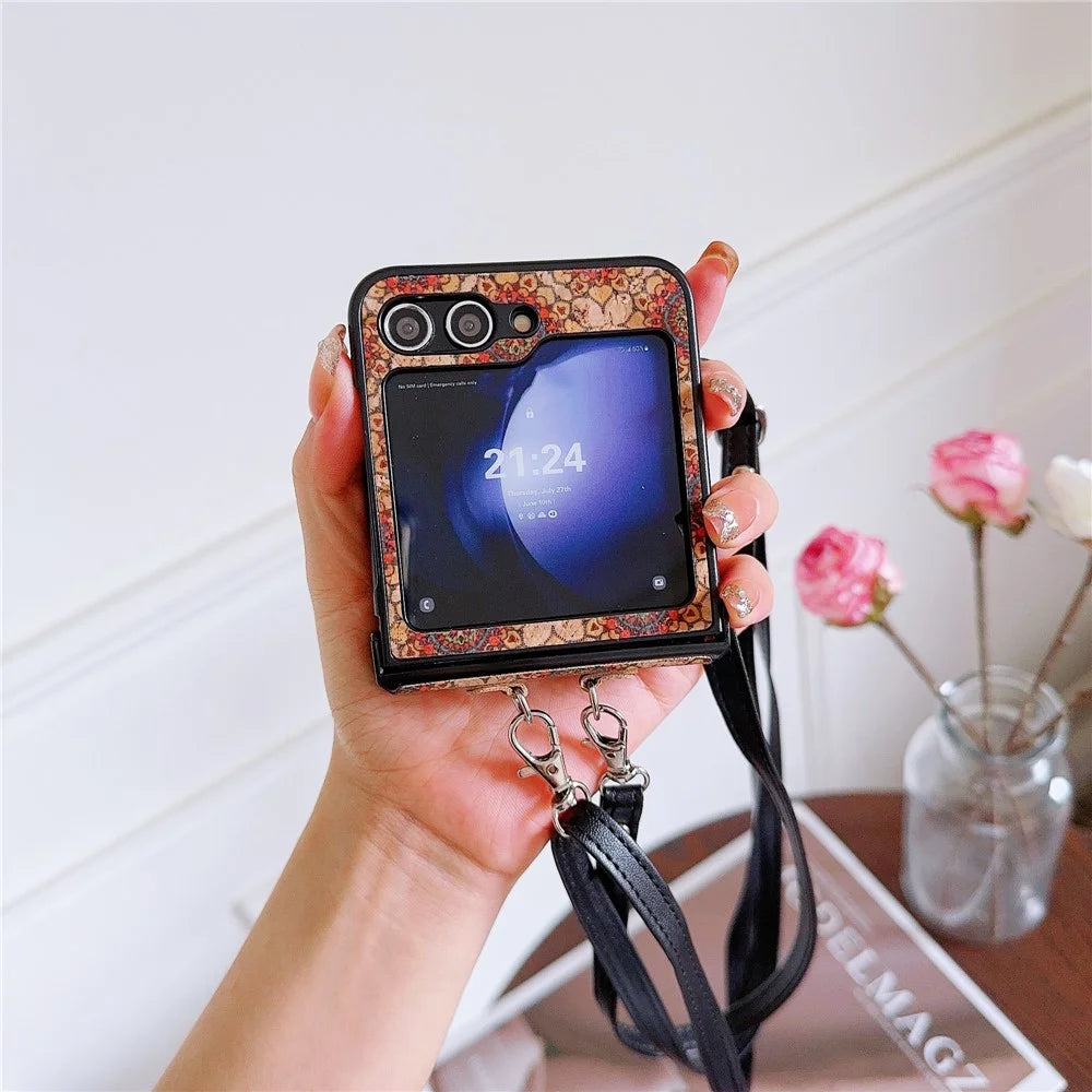 For Samsung Galaxy Z Flip7 FE 5G / Z Flip6 5G Floral Pattern PU Leather Coated PC Phone Cover with Crossbody Strap - Ethnic Floral - 5