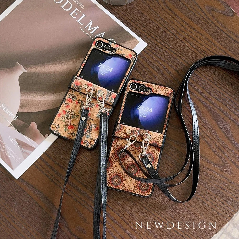 For Samsung Galaxy Z Flip7 FE 5G / Z Flip6 5G Floral Pattern PU Leather Coated PC Phone Cover with Crossbody Strap - Ethnic Floral - 6