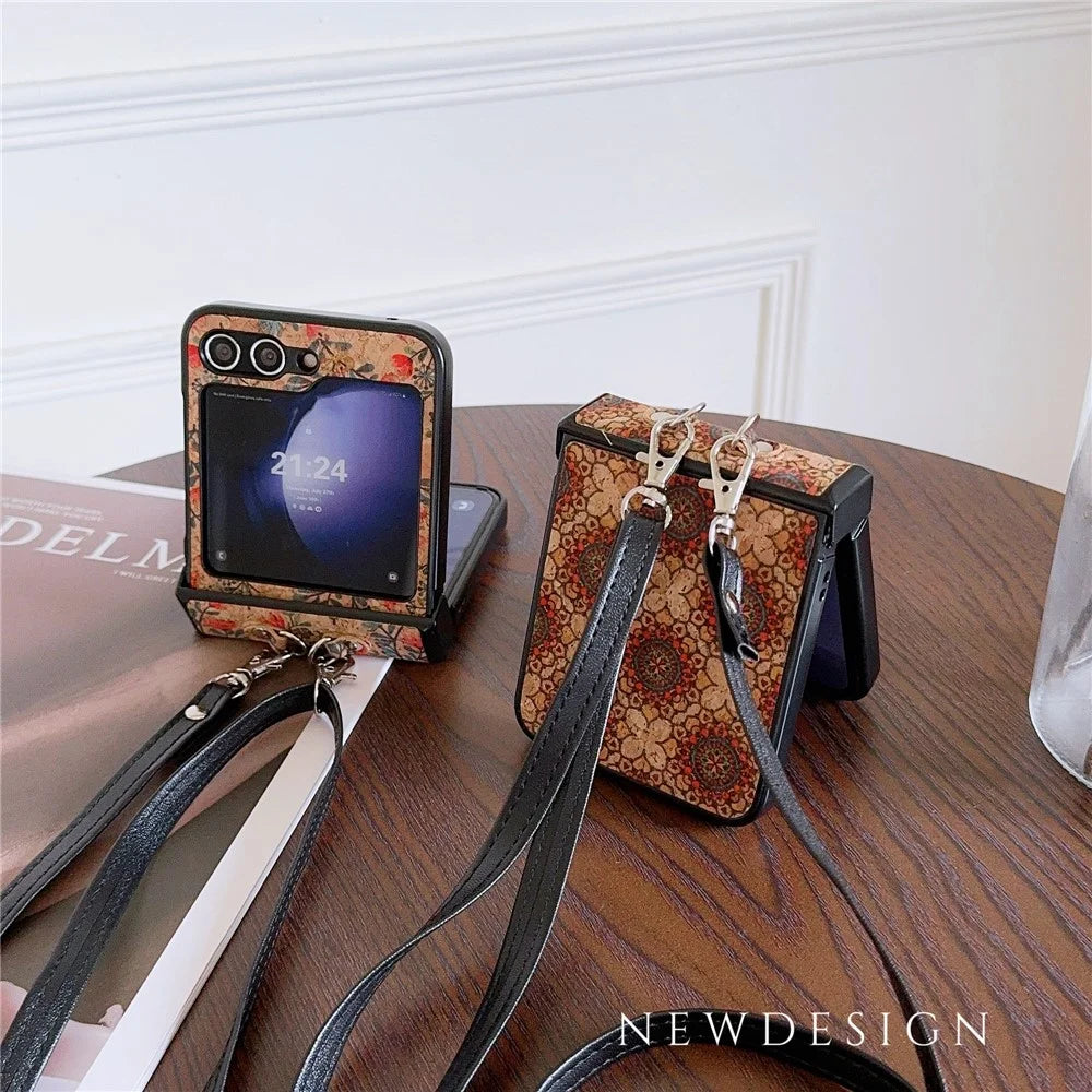 For Samsung Galaxy Z Flip7 FE 5G / Z Flip6 5G Floral Pattern PU Leather Coated PC Phone Cover with Crossbody Strap - Ethnic Floral - 7