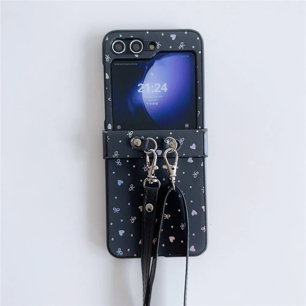 For Samsung Galaxy Z Flip7 FE 5G / Z Flip6 5G / Z Flip5 5G Heart and Bowknot Pattern PU Leather + PC Phone Cover with Crossbody Strap - Black - 2