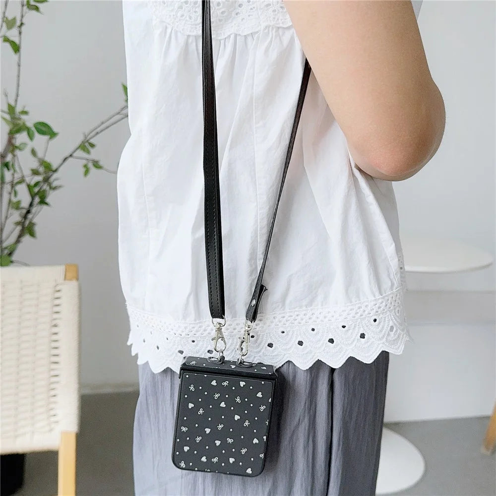 For Samsung Galaxy Z Flip7 FE 5G / Z Flip6 5G / Z Flip5 5G Heart and Bowknot Pattern PU Leather + PC Phone Cover with Crossbody Strap - Black - 3
