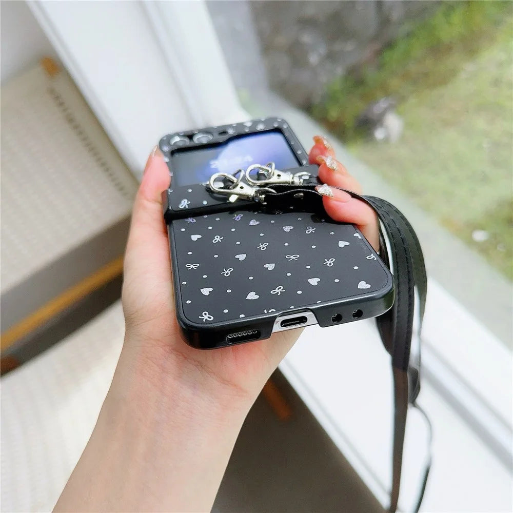 For Samsung Galaxy Z Flip7 FE 5G / Z Flip6 5G / Z Flip5 5G Heart and Bowknot Pattern PU Leather + PC Phone Cover with Crossbody Strap - Black - 4