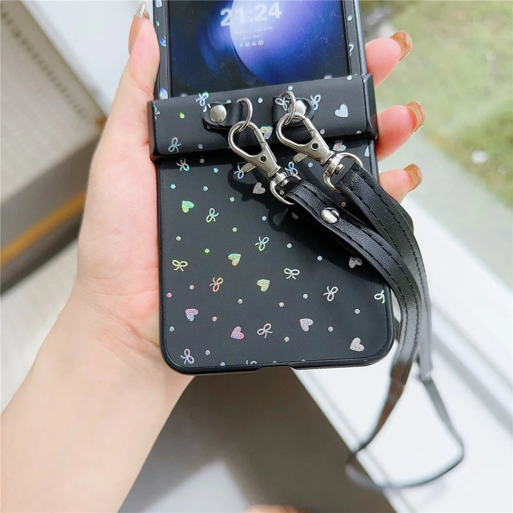 For Samsung Galaxy Z Flip7 FE 5G / Z Flip6 5G / Z Flip5 5G Heart and Bowknot Pattern PU Leather + PC Phone Cover with Crossbody Strap - Black - 5