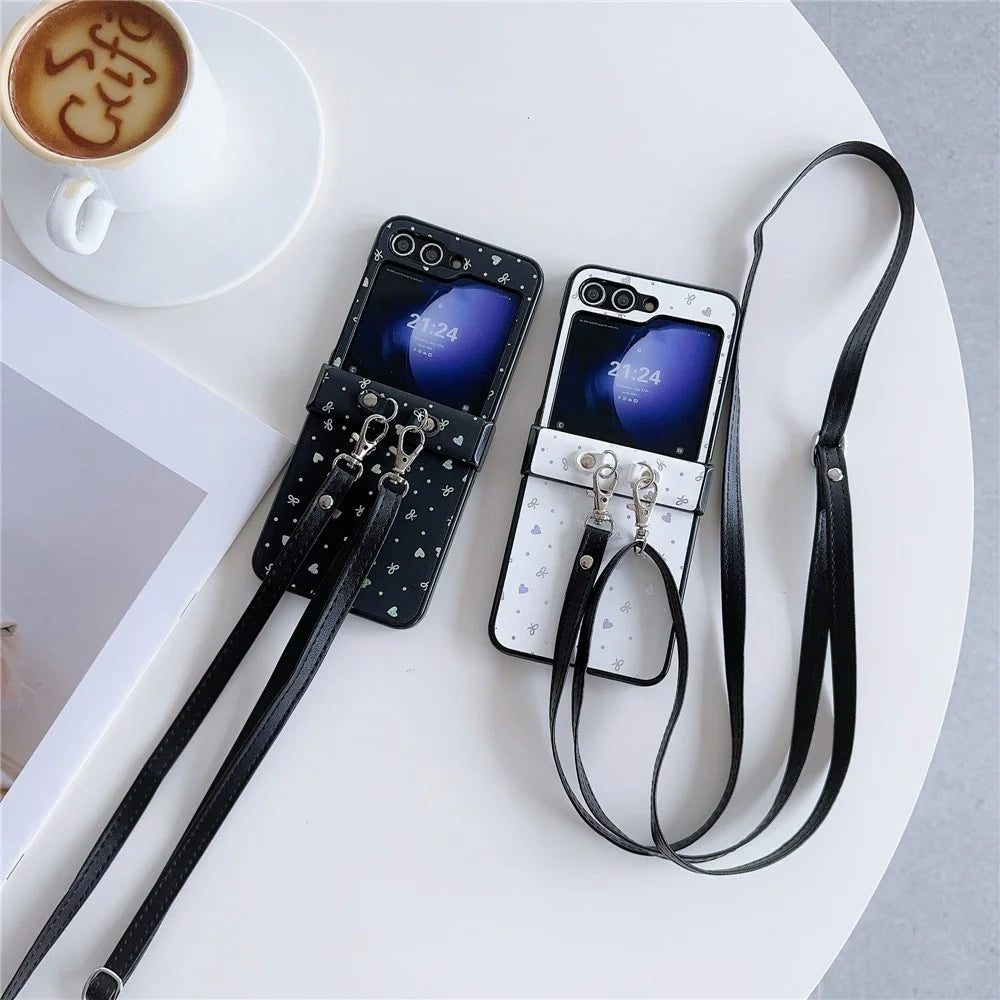 For Samsung Galaxy Z Flip7 FE 5G / Z Flip6 5G / Z Flip5 5G Heart and Bowknot Pattern PU Leather + PC Phone Cover with Crossbody Strap - Black - 7