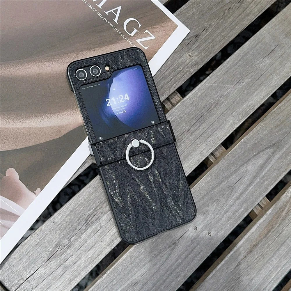 For Samsung Galaxy Z Flip7 FE 5G / Z Flip6 5G Feather Pattern PU Leather Coated PC Phone Cover with Ring Kickstand - Black - 3