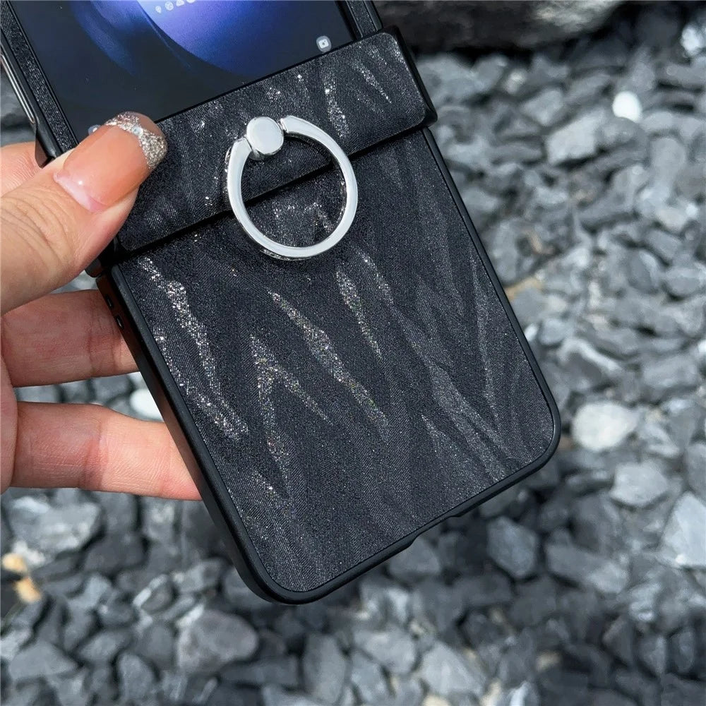 For Samsung Galaxy Z Flip7 FE 5G / Z Flip6 5G Feather Pattern PU Leather Coated PC Phone Cover with Ring Kickstand - Black - 4