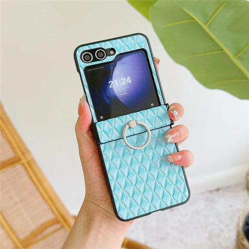 For Samsung Galaxy Z Flip7 FE 5G / Z Flip6 5G Rhombus Imprinted PU Leather Coated PC Phone Cover with Ring Kickstand - Baby Blue - 1