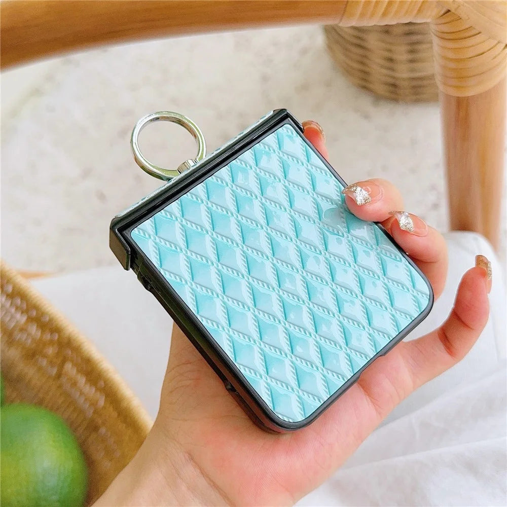 For Samsung Galaxy Z Flip7 FE 5G / Z Flip6 5G Rhombus Imprinted PU Leather Coated PC Phone Cover with Ring Kickstand - Baby Blue - 2