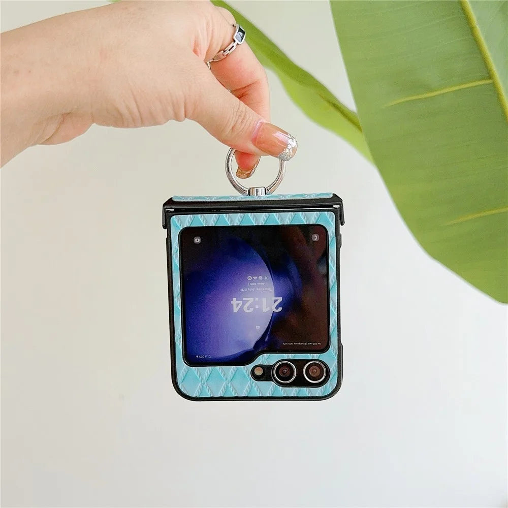 For Samsung Galaxy Z Flip7 FE 5G / Z Flip6 5G Rhombus Imprinted PU Leather Coated PC Phone Cover with Ring Kickstand - Baby Blue - 3