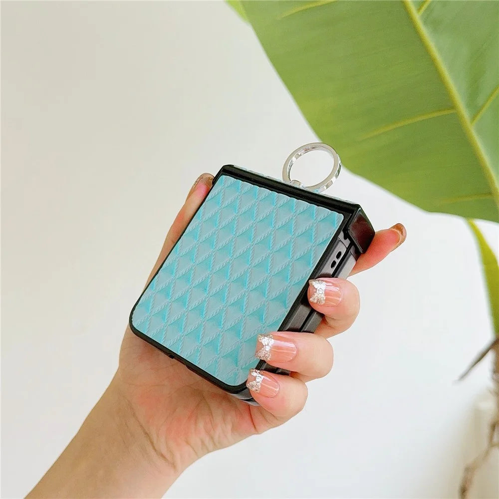 For Samsung Galaxy Z Flip7 FE 5G / Z Flip6 5G Rhombus Imprinted PU Leather Coated PC Phone Cover with Ring Kickstand - Baby Blue - 4