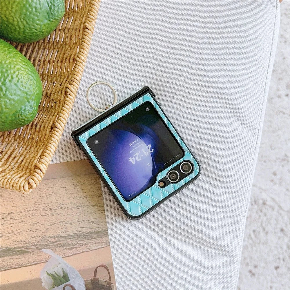 For Samsung Galaxy Z Flip7 FE 5G / Z Flip6 5G Rhombus Imprinted PU Leather Coated PC Phone Cover with Ring Kickstand - Baby Blue - 5