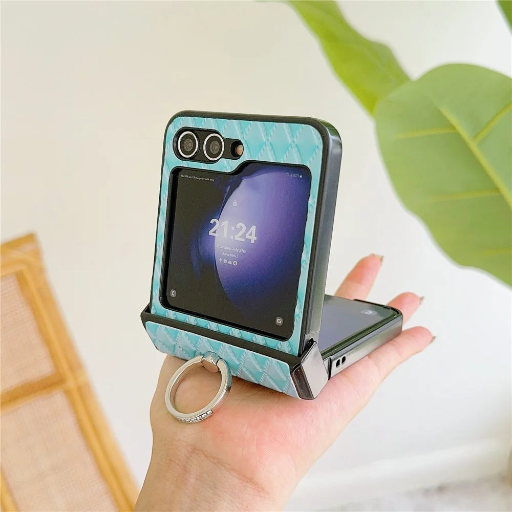 For Samsung Galaxy Z Flip7 FE 5G / Z Flip6 5G Rhombus Imprinted PU Leather Coated PC Phone Cover with Ring Kickstand - Baby Blue - 6