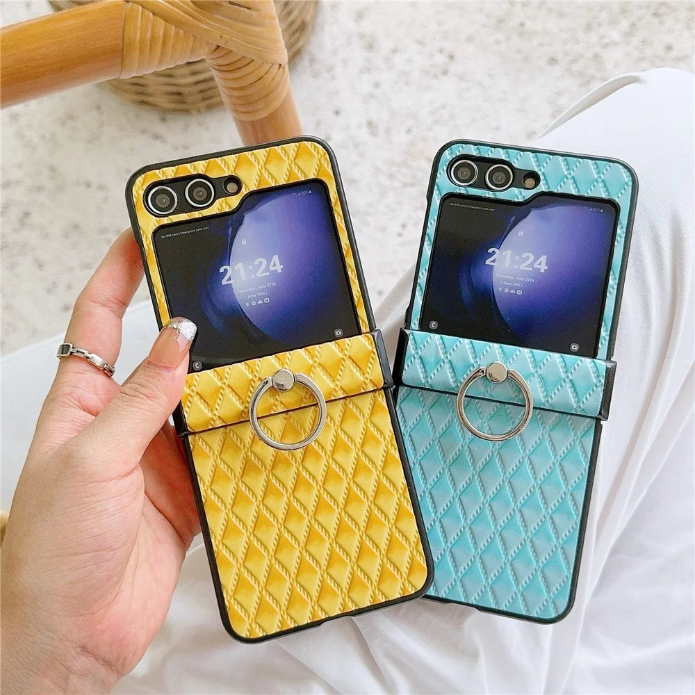 For Samsung Galaxy Z Flip7 FE 5G / Z Flip6 5G Rhombus Imprinted PU Leather Coated PC Phone Cover with Ring Kickstand - Baby Blue - 7