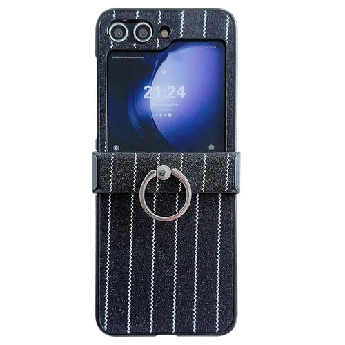 For Samsung Galaxy Z Flip7 FE 5G / Z Flip6 5G Wavy Stripes PU Leather Coated PC Phone Cover with Ring Kickstand - Black - 1