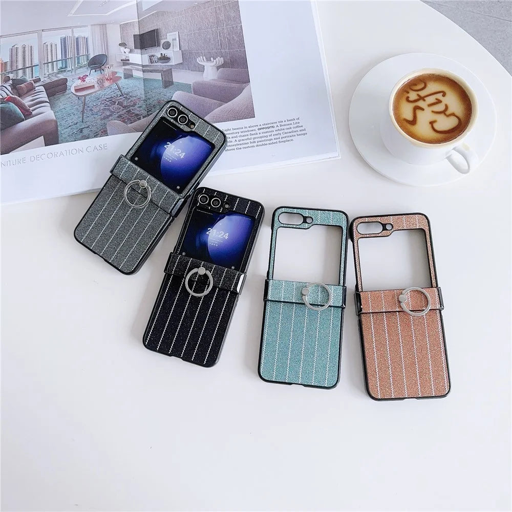 For Samsung Galaxy Z Flip7 FE 5G / Z Flip6 5G Wavy Stripes PU Leather Coated PC Phone Cover with Ring Kickstand - Black - 5