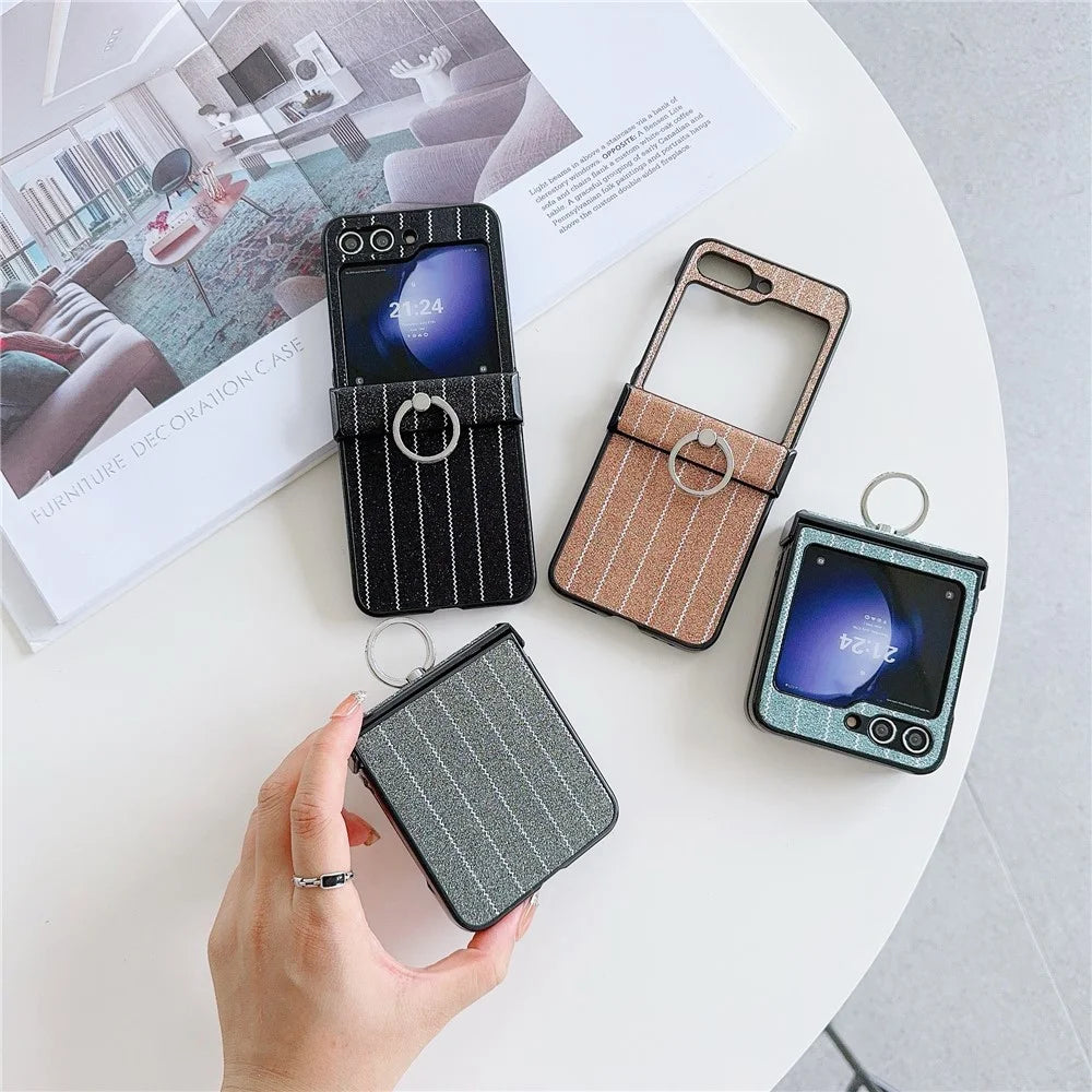 For Samsung Galaxy Z Flip7 FE 5G / Z Flip6 5G Wavy Stripes PU Leather Coated PC Phone Cover with Ring Kickstand - Black - 6