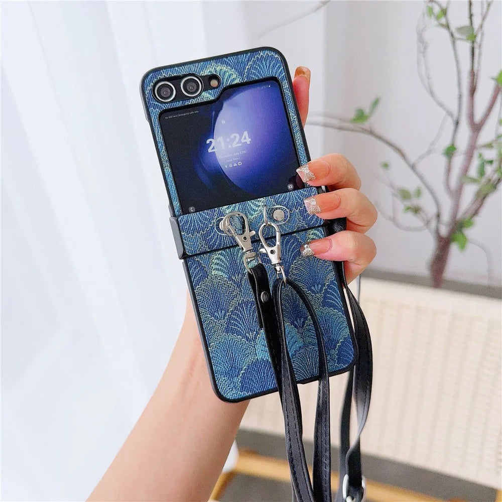 For Samsung Galaxy Z Flip7 FE 5G / Z Flip6 5G Ethnic PU Leather Coated PC Phone Cover with Crossbody Strap - Blue - 1