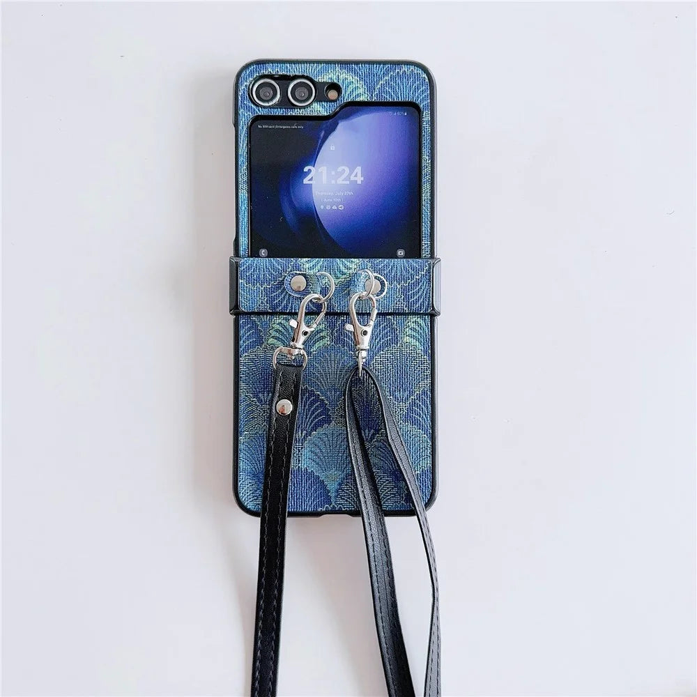 For Samsung Galaxy Z Flip7 FE 5G / Z Flip6 5G Ethnic PU Leather Coated PC Phone Cover with Crossbody Strap - Blue - 2
