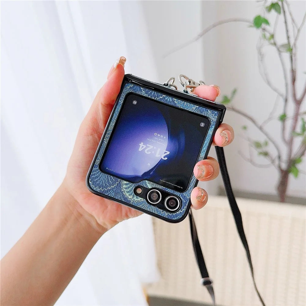 For Samsung Galaxy Z Flip7 FE 5G / Z Flip6 5G Ethnic PU Leather Coated PC Phone Cover with Crossbody Strap - Blue - 3
