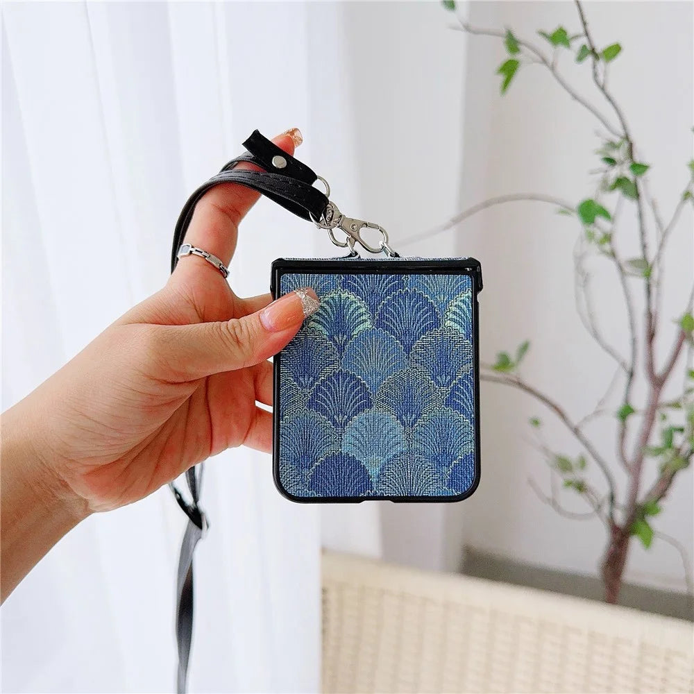 For Samsung Galaxy Z Flip7 FE 5G / Z Flip6 5G Ethnic PU Leather Coated PC Phone Cover with Crossbody Strap - Blue - 4