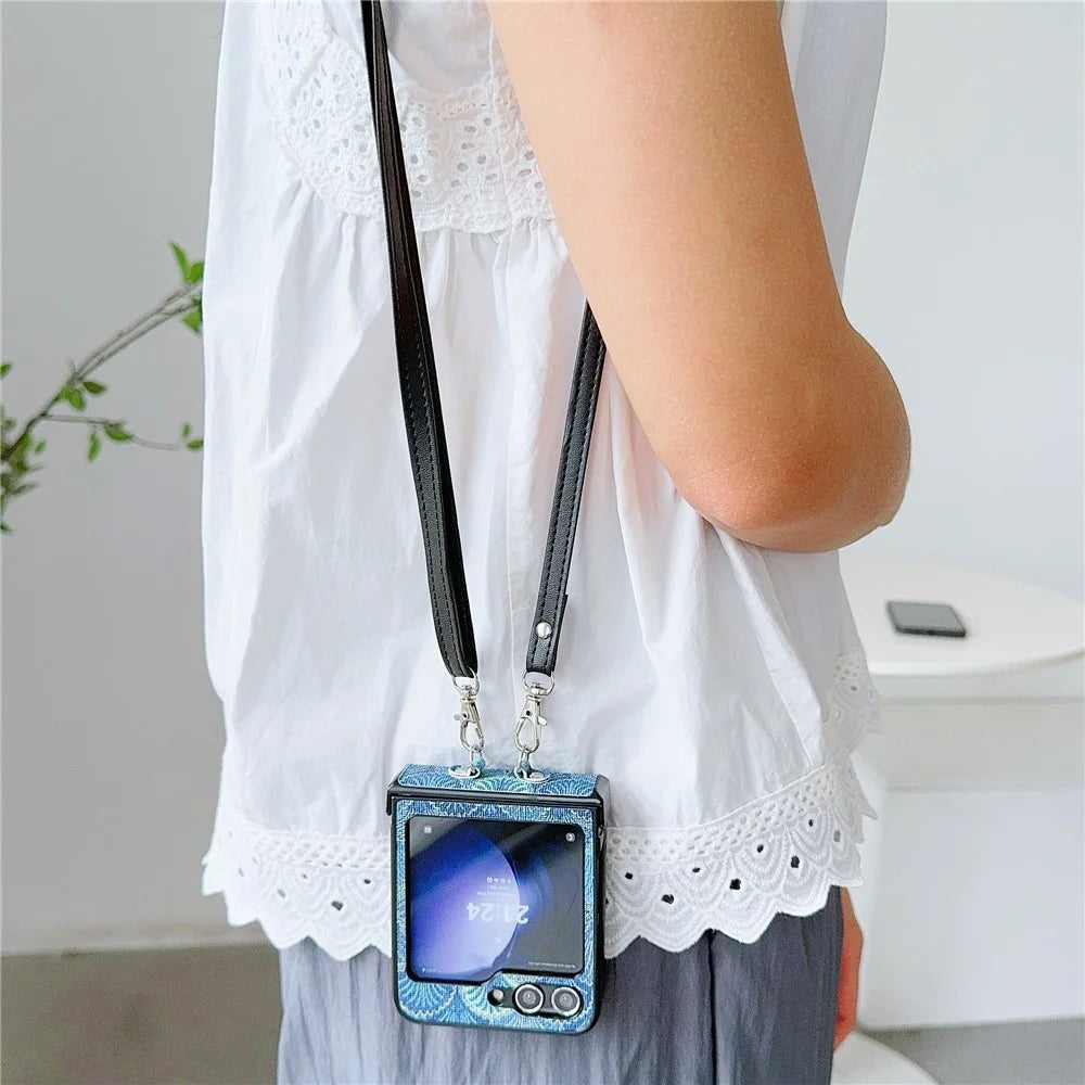 For Samsung Galaxy Z Flip7 FE 5G / Z Flip6 5G Ethnic PU Leather Coated PC Phone Cover with Crossbody Strap - Blue - 5