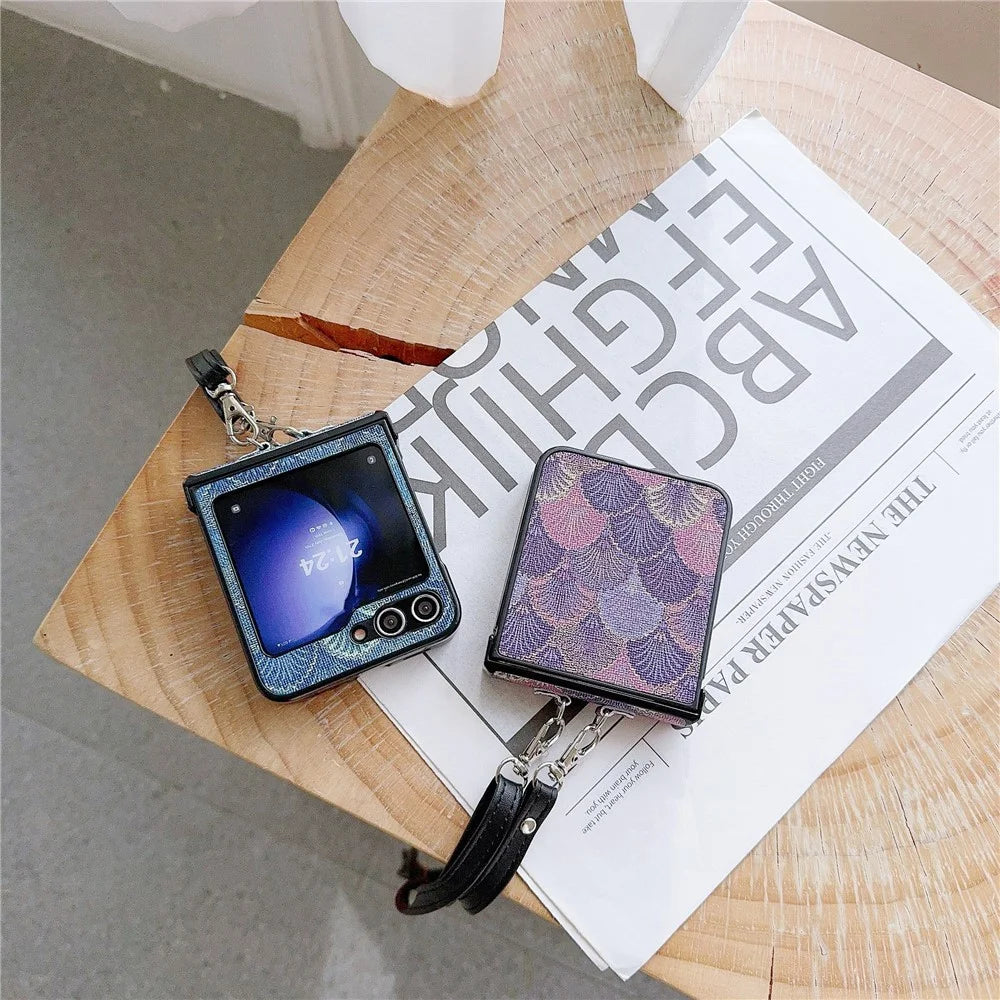 For Samsung Galaxy Z Flip7 FE 5G / Z Flip6 5G Ethnic PU Leather Coated PC Phone Cover with Crossbody Strap - Blue - 6