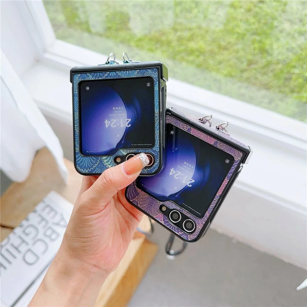 For Samsung Galaxy Z Flip7 FE 5G / Z Flip6 5G Ethnic PU Leather Coated PC Phone Cover with Crossbody Strap - Blue - 7