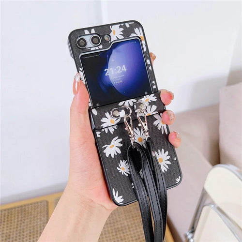 For Samsung Galaxy Z Flip7 FE 5G / Z Flip6 5G Chrysanthemum Pattern PU Leather + PC Phone Cover with Crossbody Strap - Black - 1