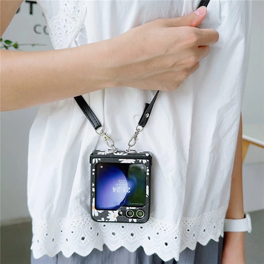 For Samsung Galaxy Z Flip7 FE 5G / Z Flip6 5G Chrysanthemum Pattern PU Leather + PC Phone Cover with Crossbody Strap - Black - 2