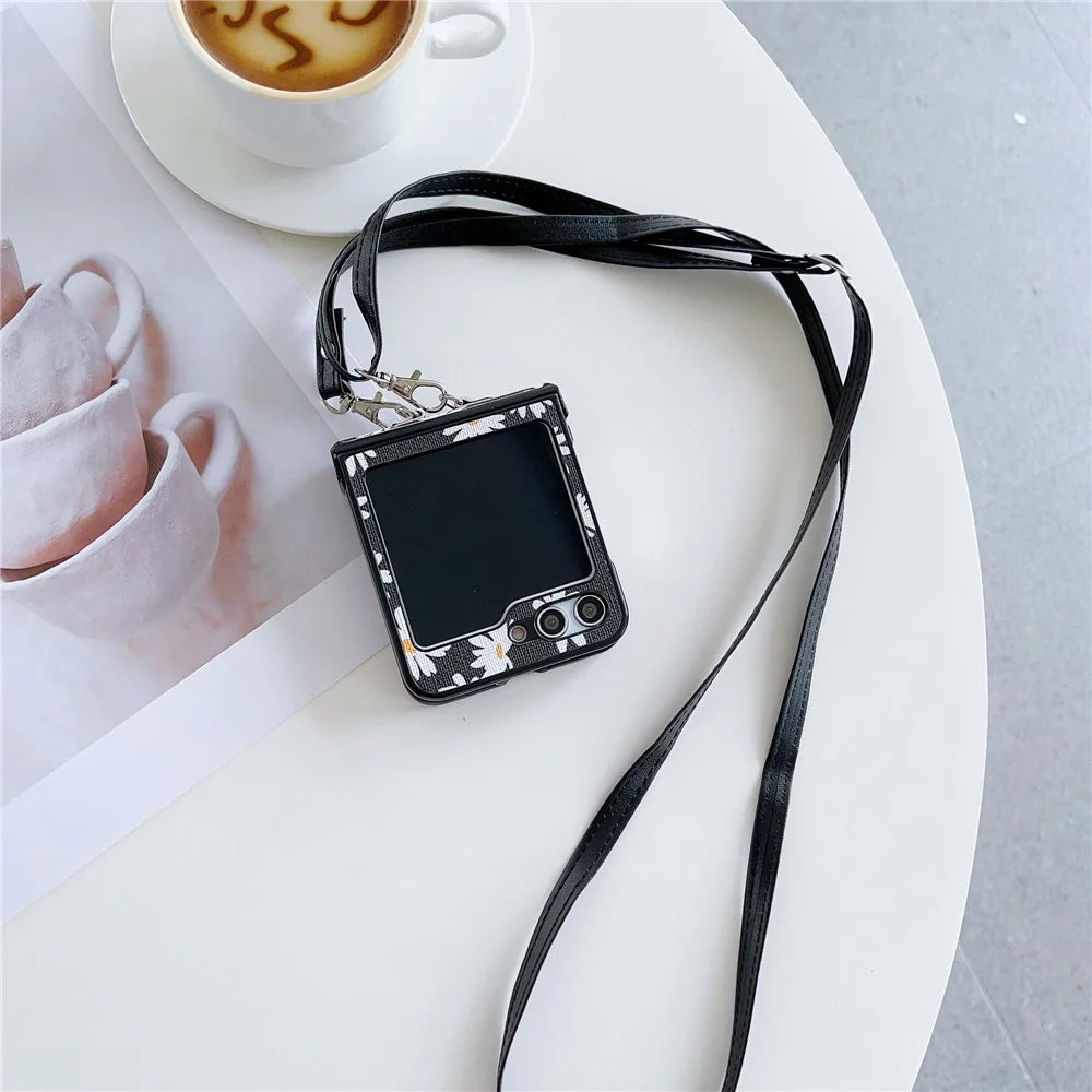 For Samsung Galaxy Z Flip7 FE 5G / Z Flip6 5G Chrysanthemum Pattern PU Leather + PC Phone Cover with Crossbody Strap - Black - 3