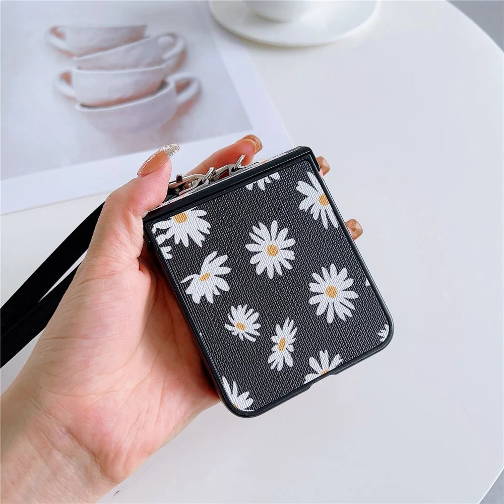 For Samsung Galaxy Z Flip7 FE 5G / Z Flip6 5G Chrysanthemum Pattern PU Leather + PC Phone Cover with Crossbody Strap - Black - 4
