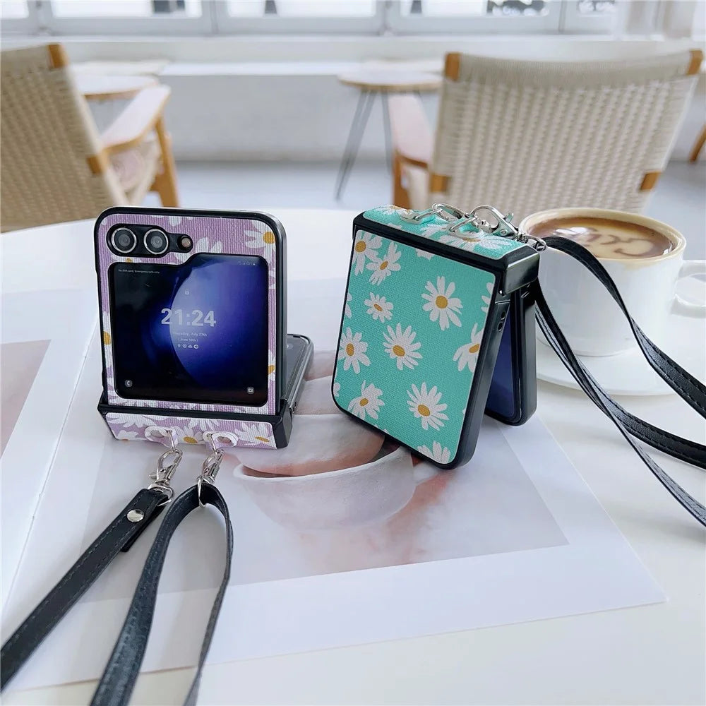 For Samsung Galaxy Z Flip7 FE 5G / Z Flip6 5G Chrysanthemum Pattern PU Leather + PC Phone Cover with Crossbody Strap - Black - 5